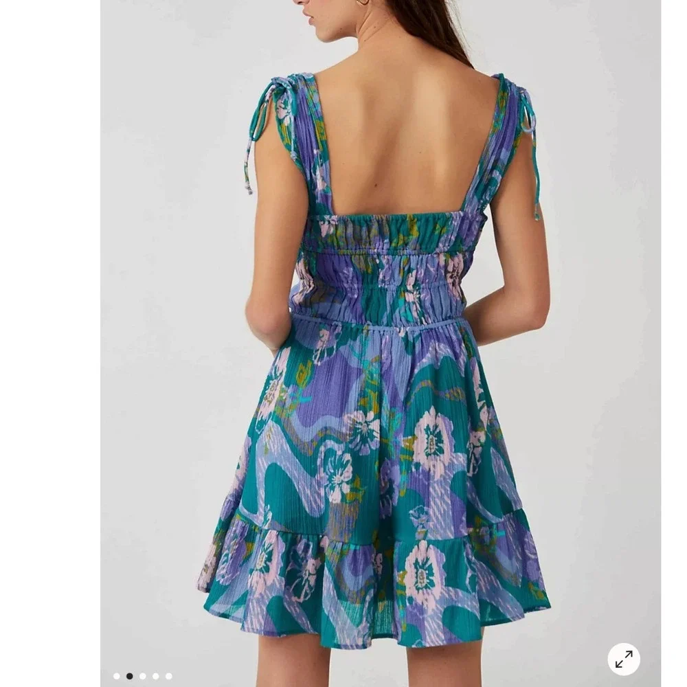Free People Vernon Cotton Mini Dress Sz Large Blue Multicolor Smocked Ruffle Hem